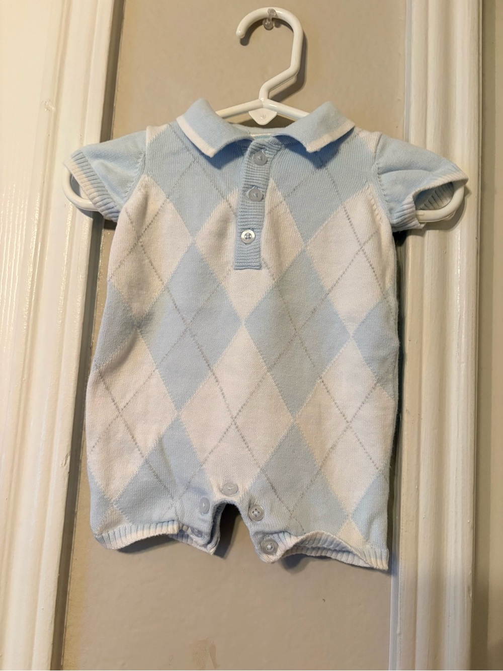 Edgehill Collection Light Blue and White Argyle Polo Romper
